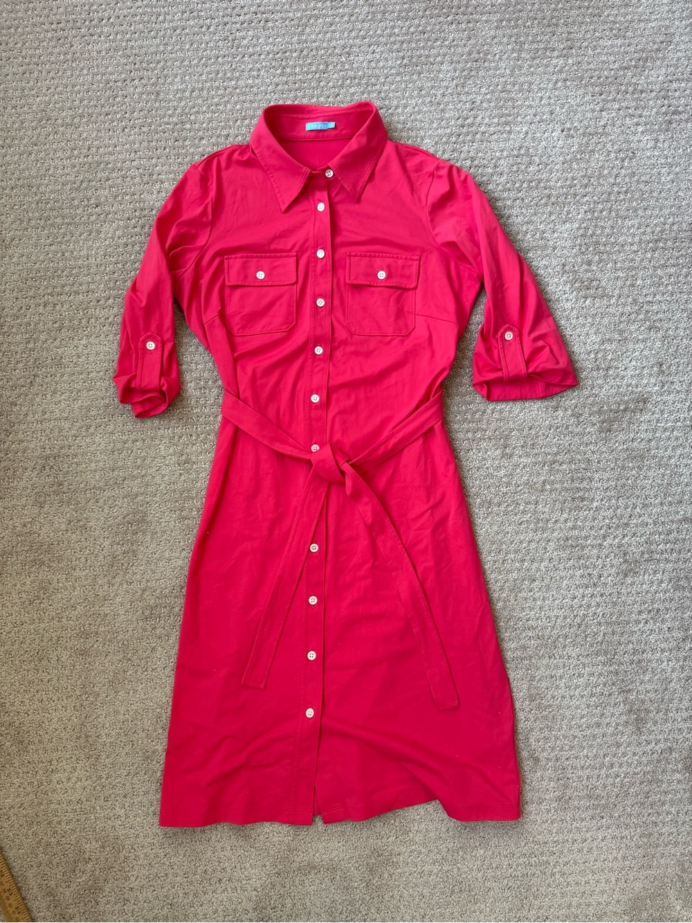 J. McLaughlin Bold Pink Button-Front Midi Shirt Dress with Tie Waist